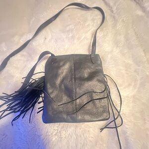 Gray Leather Fringe Shoulder Bag